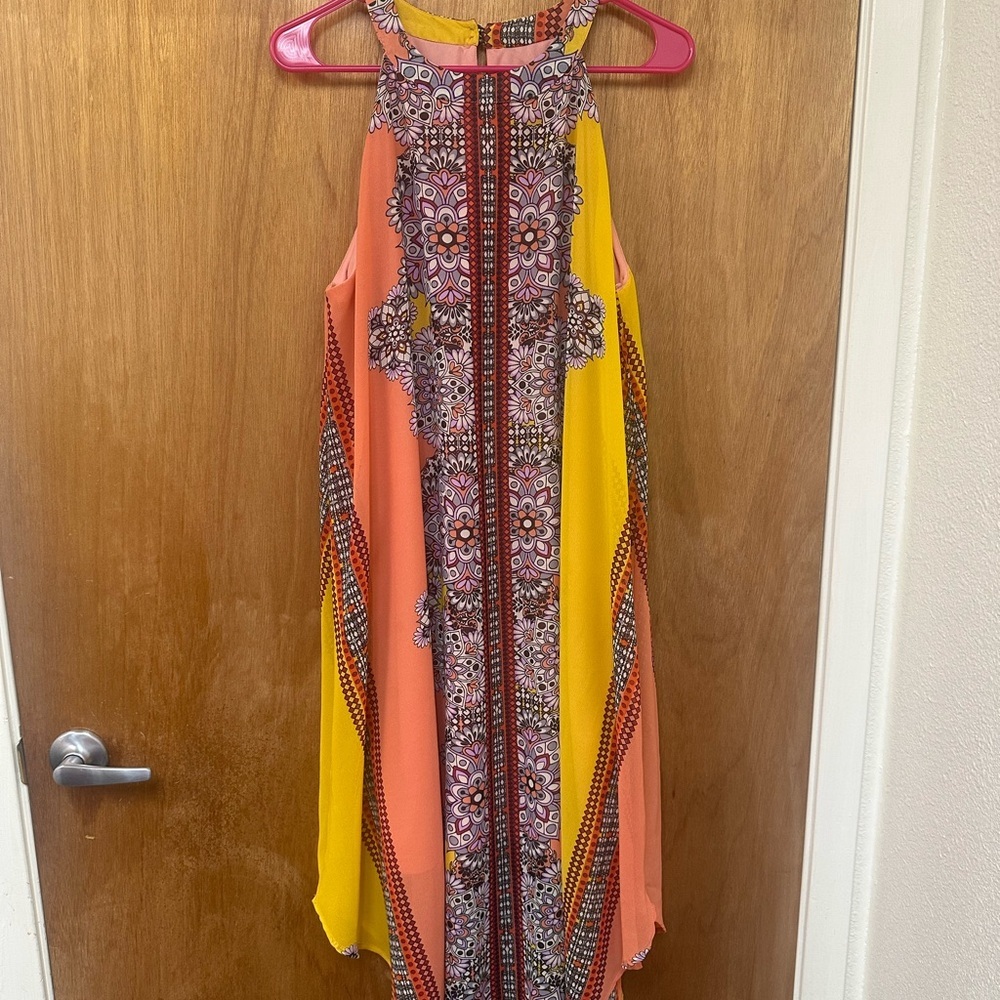 New York & Company Yellow Pink Asymmetrical Halter Sundress